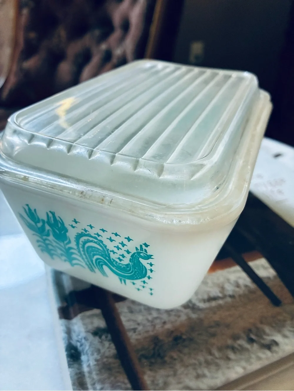 Pyrex White Glass Casserole with Teal Rooster and Corn Motif